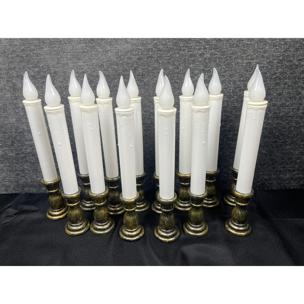 Set of 14 Flameless LED Taper Candles Battery Operated Antique Gold Base White